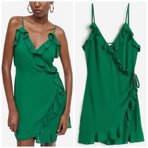 H&M Flounce Trimmed Kelly Green Flowy Wrap Mini Dress with Adjustable Straps